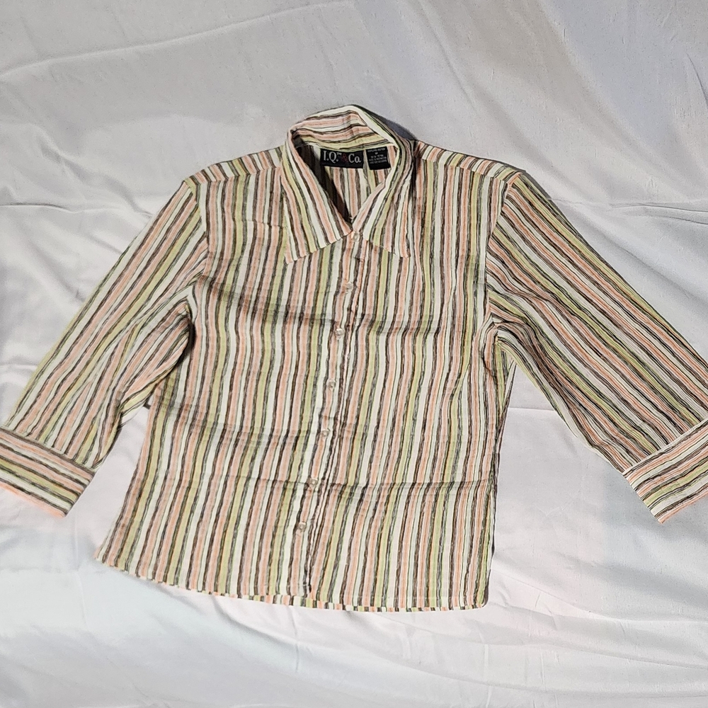 Red and Green Striped Blouse with Rolled Sleeves